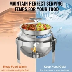 Matuppvärmare-Roll Top Chafing Dish Buffet Set, 6 Qt 2-pack, rostfritt stål med 2 kastruller, rund cateringvärmare med lock och bränslehållare.
