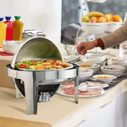Matuppvärmare-Roll Top Chafing Dish Buffet Set, 6 Qt 2-pack, rostfritt stål med 2 kastruller, rund cateringvärmare med lock och bränslehållare.