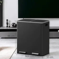 Soptunnor & Papperskorgar-Rootz Dual Compartment Dash Can - Återvinningsfack - Avfallsseparator - 60L Kapacitet - Stålmaterial - 59 cm x 36,5 cm x 65,2 cm