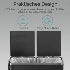 Soptunnor & Papperskorgar-Rootz Dual Compartment Dash Can - Återvinningsfack - Avfallsseparator - 60L Kapacitet - Stålmaterial - 59 cm x 36,5 cm x 65,2 cm