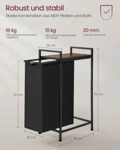 Tvättutrustning-Rootz Tvättkorg med Hylla - Klädkorgar - Multifunktionell Organizer - MDF och stål - 42cm x 28cm x 75cm - 3,5kg - Bläck Svart-Vintage Brun