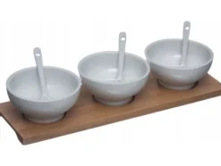 Tillbehör För Matservering-Secret de Gourmet för snacks, 3 porslinsskålar + skedar och fat