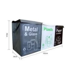 Set med 3 ekologiska återvinningspåsar - Kapacitet 50 liter - Sortering av plast, glas, papper - Modern stil och färger