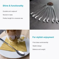 Set med 12 långa skedar i rostfritt stål - Längd 18,9 cm - För Latte Macchiato, cocktails, desserter och mycket mer