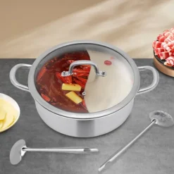 Fondueset-Shabu Shabu Hotpot - Gryta 28 cm - 304 Rostfritt Stål - Dubbelsidig Avdelare - Glaslock - Induktion & Gas - Vit - Med 2 Slevar