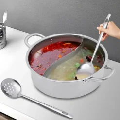 Fondueset-Shabu Shabu Hotpot - Gryta 28 cm - 304 Rostfritt Stål - Dubbelsidig Avdelare - Glaslock - Induktion & Gas - Vit - Med 2 Slevar