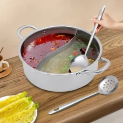 Fondueset-Shabu Shabu Hotpot - Gryta 28 cm - 304 Rostfritt Stål - Dubbelsidig Avdelare - Glaslock - Induktion & Gas - Vit - Med 2 Slevar