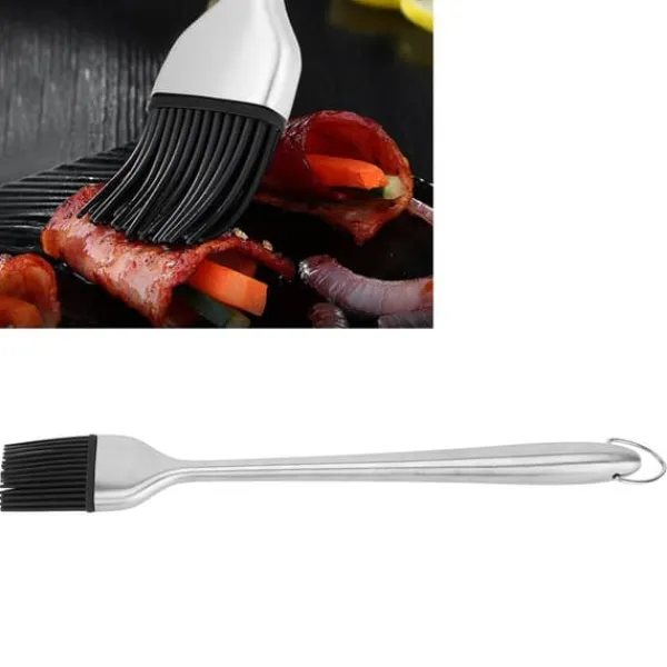Bakpenslar-Silikonborste Handtag i rostfritt stål Högtemperaturbeständigt köksbakning Grillsås OljeborsteIhåligt handtag Runt huvud L