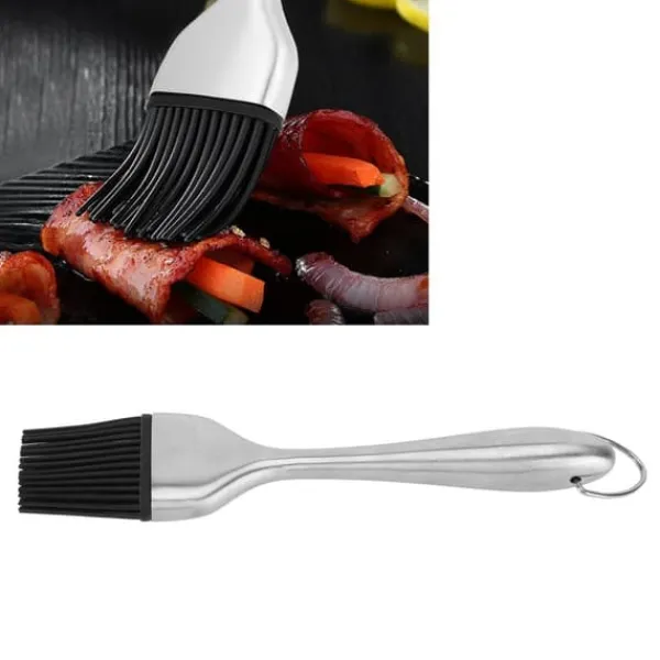 Bakpenslar-Silikonborste Handtag i rostfritt stål Högtemperaturbeständigt köksbakning Grillsås OljeborsteIhåligt handtag Runt huvud S