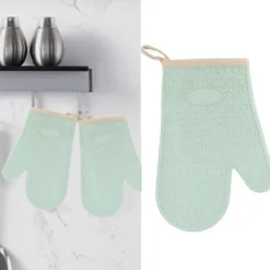 Grytlappar & Grillvantar-Silikonugnsvante Högtemperaturbeständig Vattentät Halksäker köksbakhandske med bomullsfodral Grön