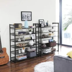 Kläd- & Garderobsförvaring-Skohylla 12-vånings Skoförvaring i metall nätthyllot - uppsättning av 2 stapelbar 6-lagers skohyllor