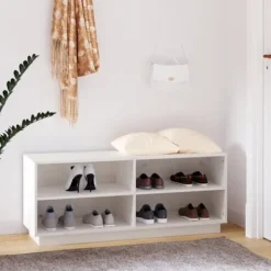 Kläd- & Garderobsförvaring-Skoskåp i massiv furu - Förvaring och tv-bänk | Färg: Vit | Storlek: 110x34x45 cm