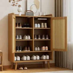 Kläd- & Garderobsförvaring-Skoskåp i naturlig rotting – skoförvaring med 2 dörrar & 5 hyllplan, trähandtag & massiva träben – 80x105x35 cm för hall