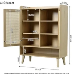 Kläd- & Garderobsförvaring-Skoskåp i naturlig rotting – skoförvaring med 2 dörrar & 5 hyllplan, trähandtag & massiva träben – 80x105x35 cm för hall