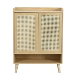 Kläd- & Garderobsförvaring-Skoskåp i naturlig rotting – skoförvaring med 2 dörrar & 5 hyllplan, trähandtag & massiva träben – 80x105x35 cm för hall