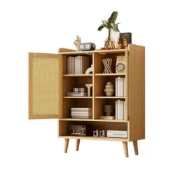 Kläd- & Garderobsförvaring-Skoskåp i naturlig rotting – skoförvaring med 2 dörrar & 5 hyllplan, trähandtag & massiva träben – 80x105x35 cm för hall