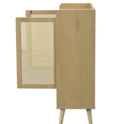 Kläd- & Garderobsförvaring-Skoskåp i naturlig rotting – skoförvaring med 2 dörrar & 5 hyllplan, trähandtag & massiva träben – 80x105x35 cm för hall