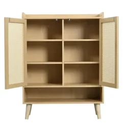 Kläd- & Garderobsförvaring-Skoskåp i naturlig rotting – skoförvaring med 2 dörrar & 5 hyllplan, trähandtag & massiva träben – 80x105x35 cm för hall