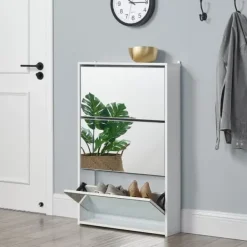 [en.casa] Kläd- & Garderobsförvaring-Skoskåp med 3 lådor och spegel plats för 9 par skor vit