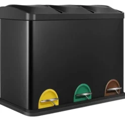 Skräpkorg, miljövänlig metallkonstruktion, tre fack,svart, 3x 15L (45L)