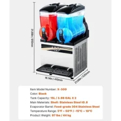 Slushmaskin för Kommersiellt Bruk, 15Lx2 Tank, Margarita Smoothie Frysdryckesmaskin, Snabbkylning