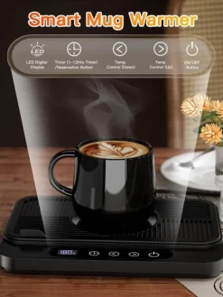 Smal bordskoppvärmare – stor panel, 9 värmelägen och automatisk avstängning – perfekt för kontoret, hemmet eller resan