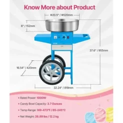 Maskiner För Spunnet Socker-Sockervaddsmaskin, 52 cm rostfri stålkål, 81,9x52x85,5 cm, blå