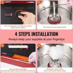 Maskiner För Spunnet Socker-Sockervaddsmaskin, 51,8x51,8x41,5 cm, Röd, Rostfritt stål