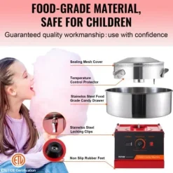 Maskiner För Spunnet Socker-Sockervaddsmaskin, 51,8x51,8x41,5 cm, Röd, Rostfritt stål