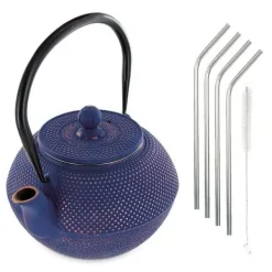 Kaffe- & Tekannor-Song gjutjärn tekanna 1,2 L + 4 sugrör i rostfritt stål