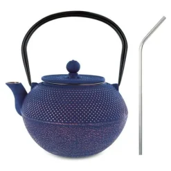 Kaffe- & Tekannor-Song gjutjärn tekanna 1,2 L + 4 sugrör i rostfritt stål