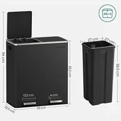 Soptunnor & Papperskorgar-SONGMICS Dubbel soptunna, 2 x 30L avfalls- och återvinningskökskärl, svart