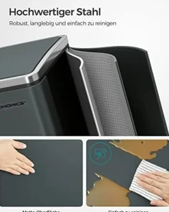 Soptunnor & Papperskorgar-Songmics Kitchen Bin, 2 x 15 L stål skräpfack, stegfack med inre hinkar, antracitgrå