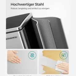 Soptunnor & Papperskorgar-Soptunna, 2 x 15L stålsoptunna, stegad soptunna med innerhink och handtag, för kök, mjuk stängning, lufttät, silver och svart LTB30H