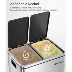 Soptunnor & Papperskorgar-Soptunna, 2 x 15L stålsoptunna, stegad soptunna med innerhink och handtag, för kök, mjuk stängning, lufttät, silver och svart LTB30H