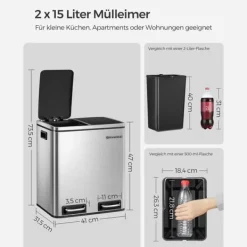 Soptunnor & Papperskorgar-Soptunna, 2 x 15L stålsoptunna, stegad soptunna med innerhink och handtag, för kök, mjuk stängning, lufttät, silver och svart LTB30H
