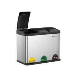 Soptunna, pedal, 45-liters metallsoptunna, källsorteringssystem för kök, tålig, 3 x 15 liter, rostfritt stål, silver och svart LTB45L