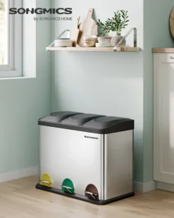 Soptunna, pedal, 45-liters metallsoptunna, källsorteringssystem för kök, tålig, 3 x 15 liter, rostfritt stål, silver och svart LTB45L