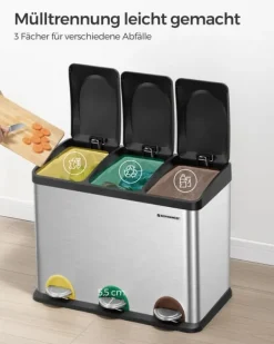 Soptunna, pedal, 45-liters metallsoptunna, källsorteringssystem för kök, tålig, 3 x 15 liter, rostfritt stål, silver och svart LTB45L