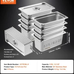 Matuppvärmare-Steam Table Pan, 1/3 storlek med lock, 32,8x17,8x14,8 cm, rostfritt stål, förvaring