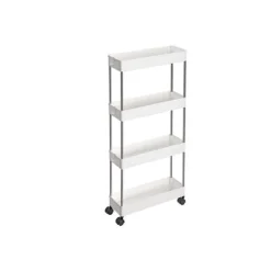 4-stegs förvaringsvagn på hjul, förvaringsenhet i plast, platsbesparande hylla för små utrymmen, badrum och kök, 40 x 12,5 x 88 cm, vit KSC08WT