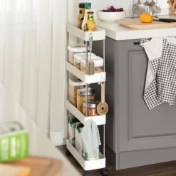 4-stegs förvaringsvagn på hjul, förvaringsenhet i plast, platsbesparande hylla för små utrymmen, badrum och kök, 40 x 12,5 x 88 cm, vit KSC08WT