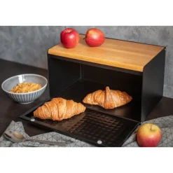 Stilren brödbox i rostfritt stål med bambulock - svart