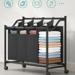 Stor tvättkorg på hjul med 4 avtagbara påsar