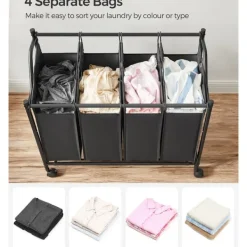 Stor tvättkorg på hjul med 4 avtagbara påsar