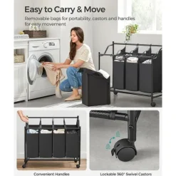 Stor tvättkorg på hjul med 4 avtagbara påsar