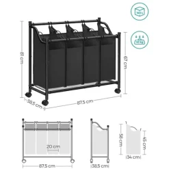 Stor tvättkorg på hjul med 4 avtagbara påsar