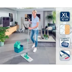 Leifheit Sätt lavegolv med Profi Compact 55092, platt mopp 42 cm med fodral, idealisk för alla släta golv.