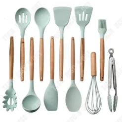 TD® Lagringsfat Färskt grönt trähandtag Silikon Högtemperaturspatel Non-Stick köksredskap 12 stycken