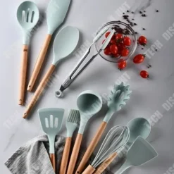 TD® Lagringsfat Färskt grönt trähandtag Silikon Högtemperaturspatel Non-Stick köksredskap 12 stycken